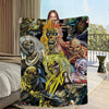 A blanket featuring a dark, intense graphic design of multiple skeletal and demonic figures with fiery accents.