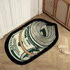 A black decorative floor rug featuring a design of stacked hundred dollar bills.