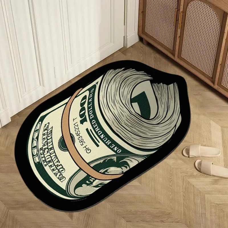 A black decorative floor rug featuring a design of stacked hundred dollar bills.