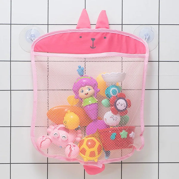 Pink mesh storage bag shaped like a cat face filled with colorful bath toys
