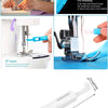 A white 2-in-1 automatic needle threader and inserter tool is shown with various components and usage examples.
