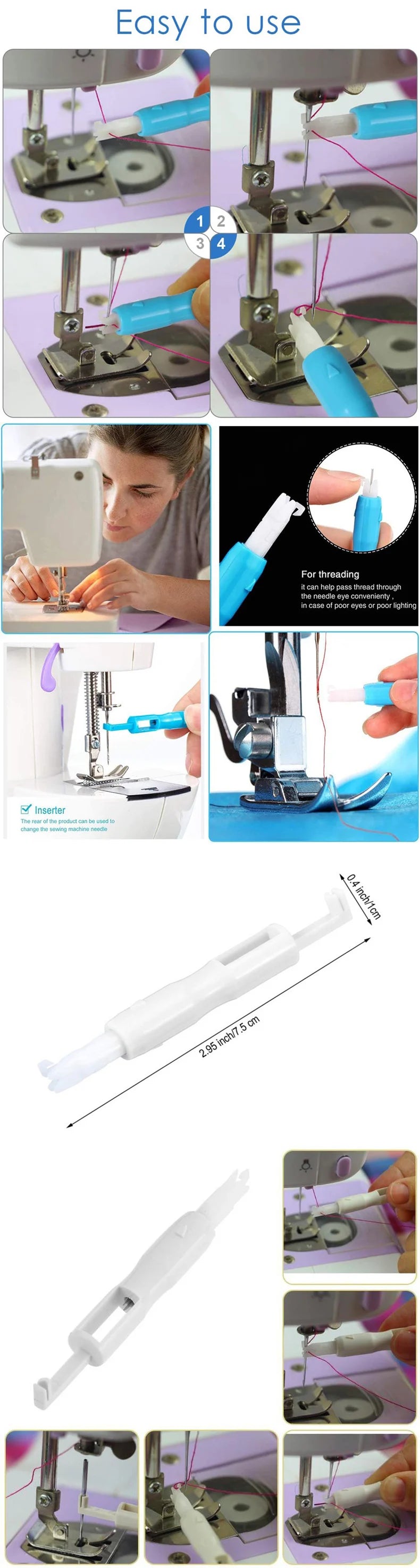 A white 2-in-1 automatic needle threader and inserter tool is shown with various components and usage examples.