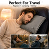 A man rests his head on a gray neck pillow inside an airplane seat, with smaller images showing him using the pillow for camp