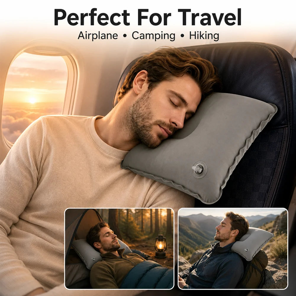 A man rests his head on a gray inflatable travel neck pillow inside an airplane seat, with outdoor scenes shown below.