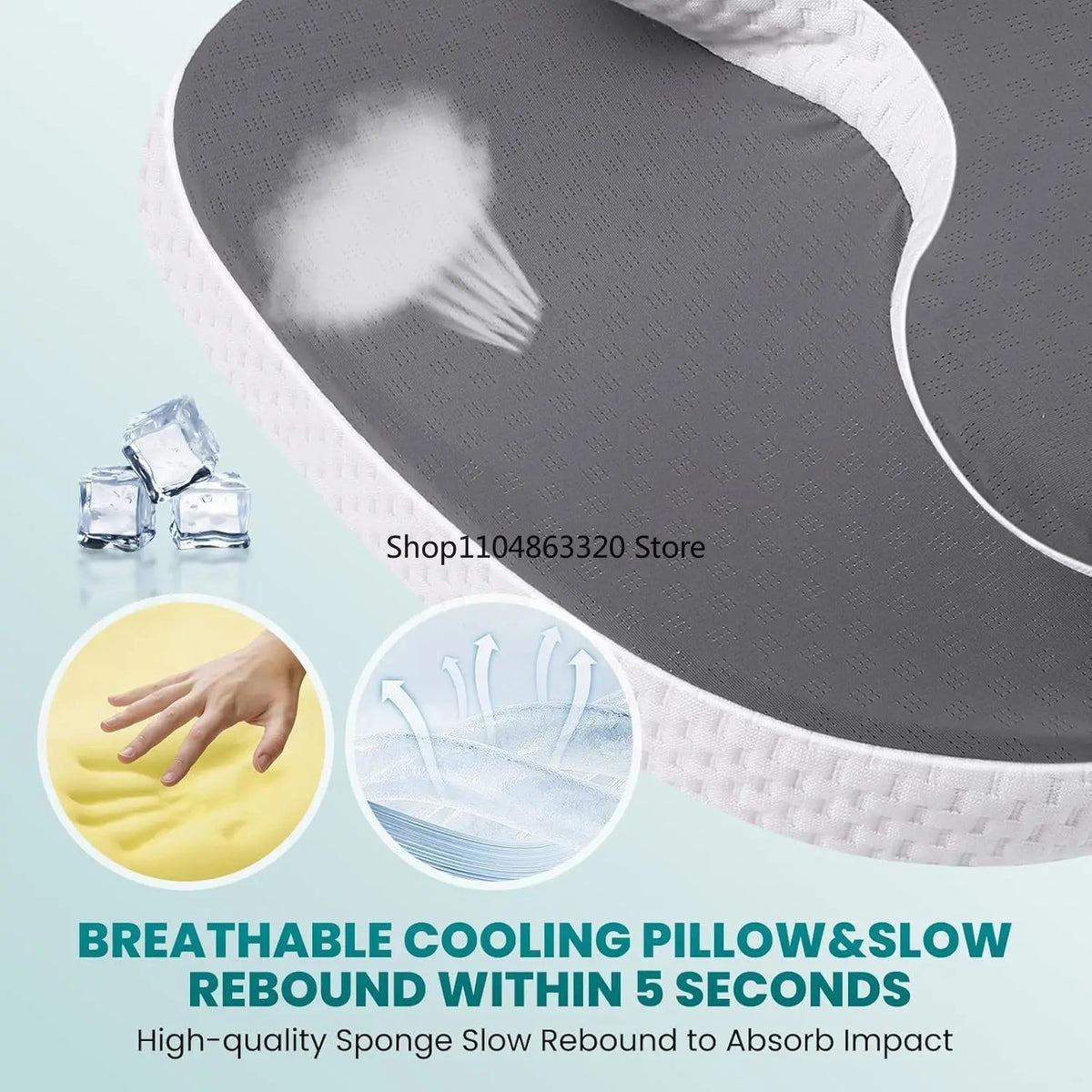 Gray breathable cooling pillow with a white lightbulb graphic and a hand demonstrating soft sponge rebound