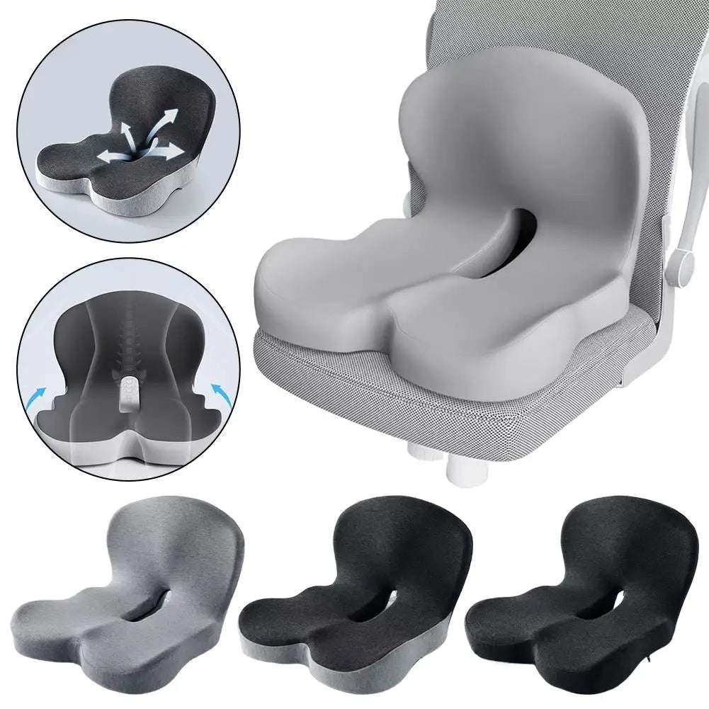 Ergonomic memory foam car seat cushion shown in various angles and colors.