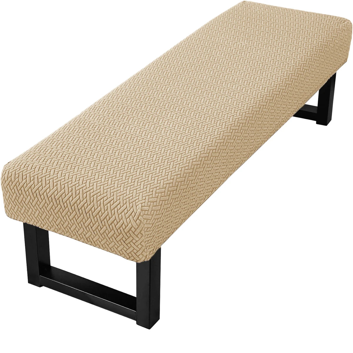A beige stretch jacquard dining bench cover with a woven texture and black frame.