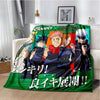 A green throw blanket featuring characters from Jujutsu Kaisen anime