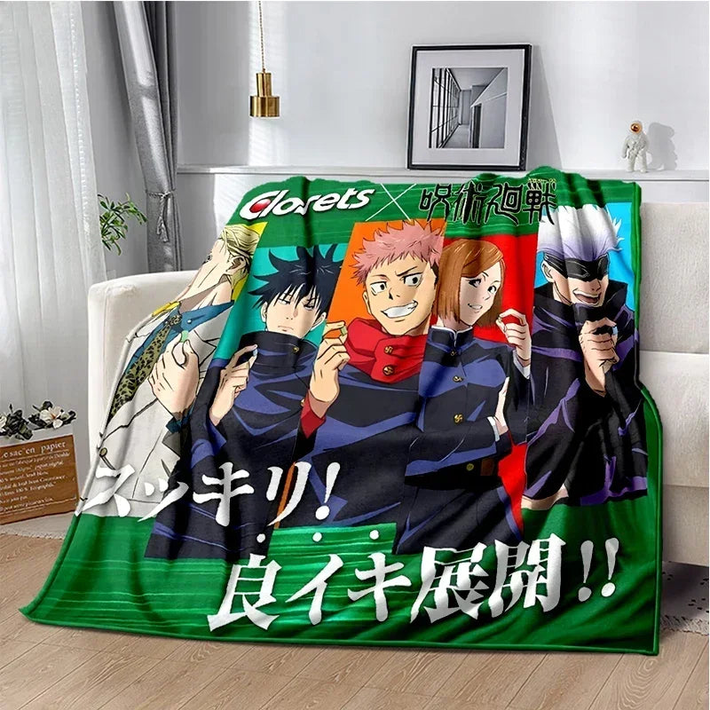 A green throw blanket featuring characters from Jujutsu Kaisen anime