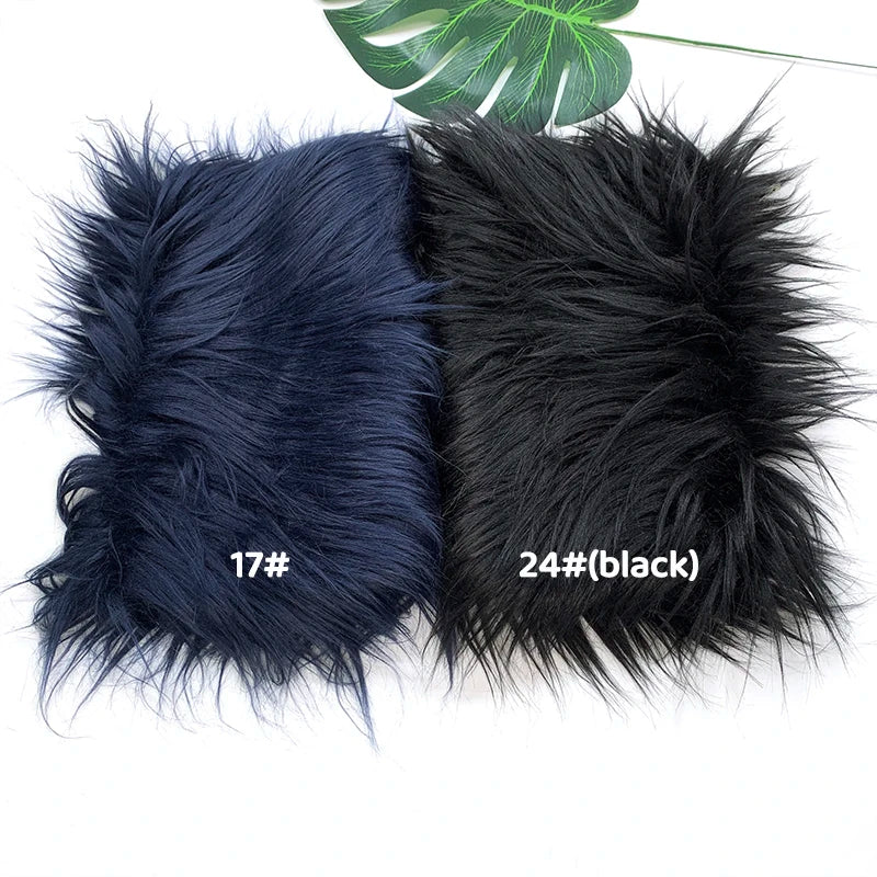 Two pieces of faux fur fabric, one dark blue labeled 17# and one black labeled 24#(black).