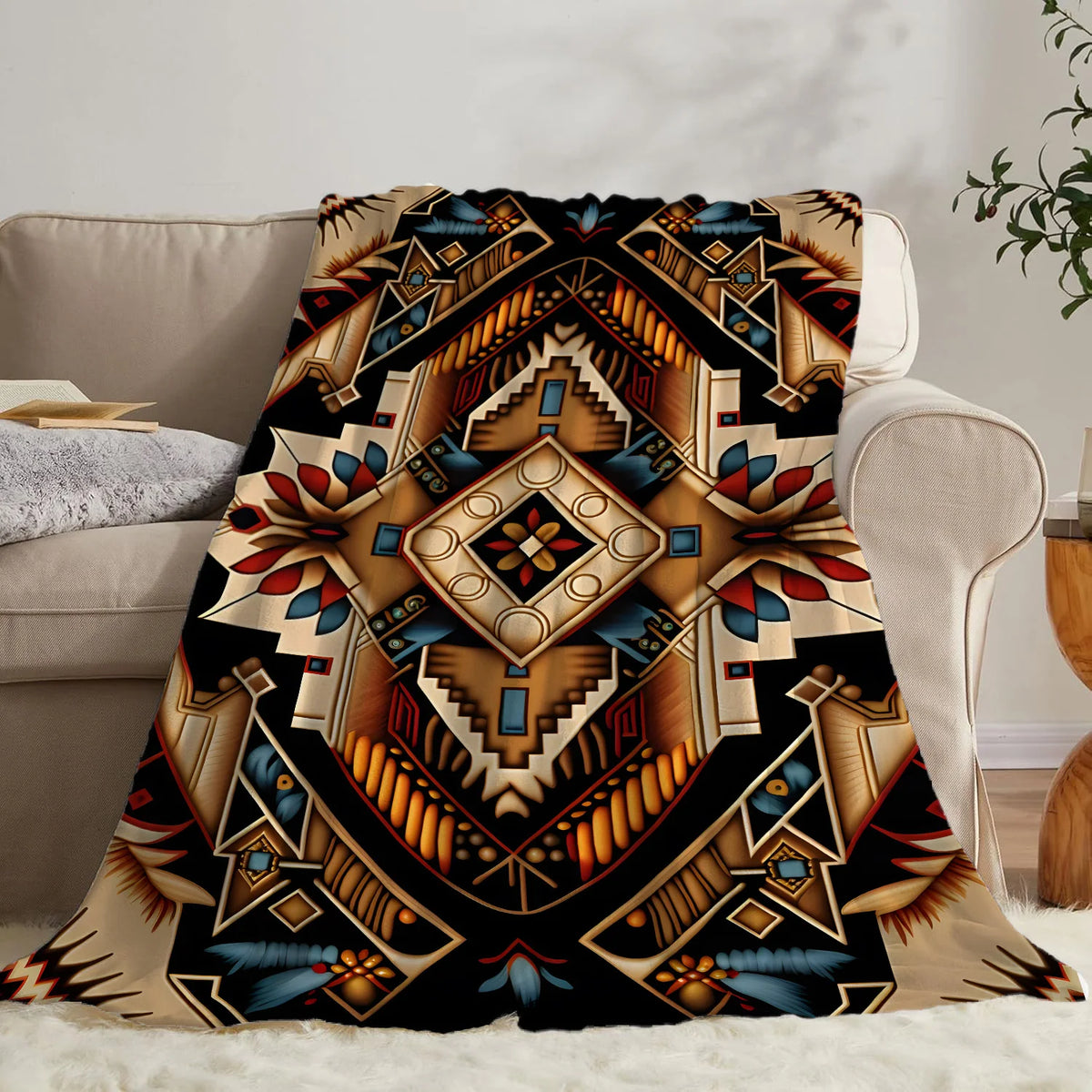 A soft flannel throw blanket featuring an ethnic print with geometric patterns in earth tones and blues.