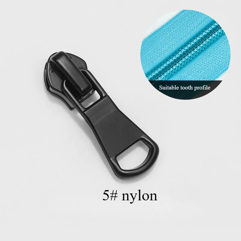 A black nylon zipper slider is shown with a close-up of the tooth profile.