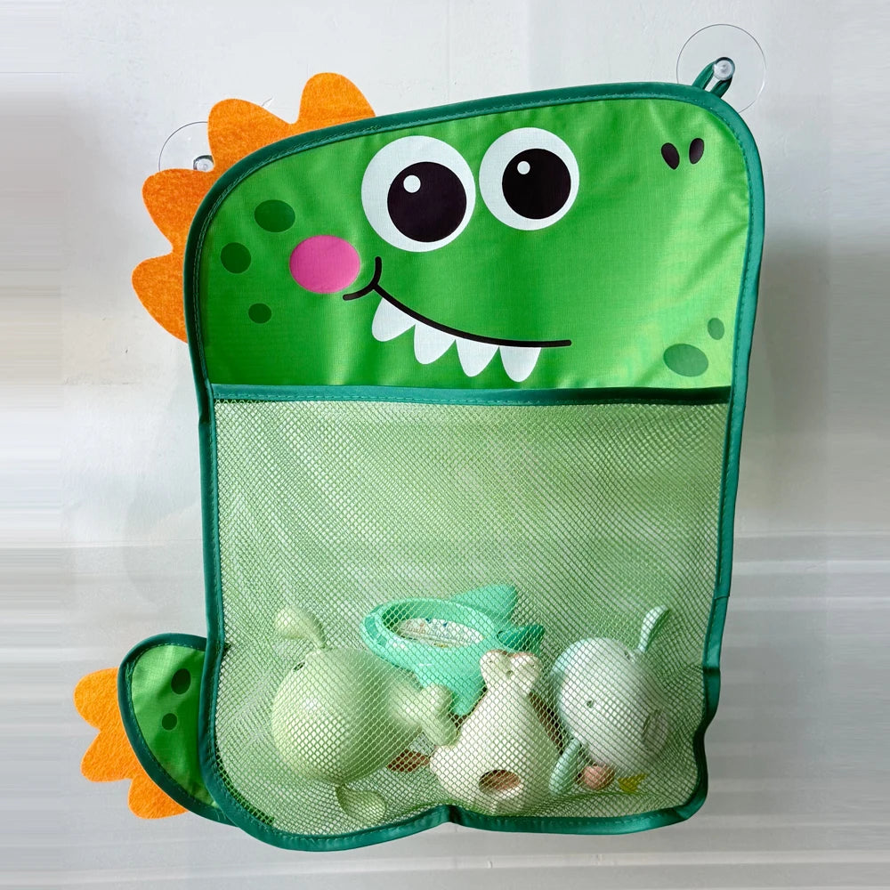 A bright green dinosaur-shaped organizer bag with a mesh net for storing bath toys.