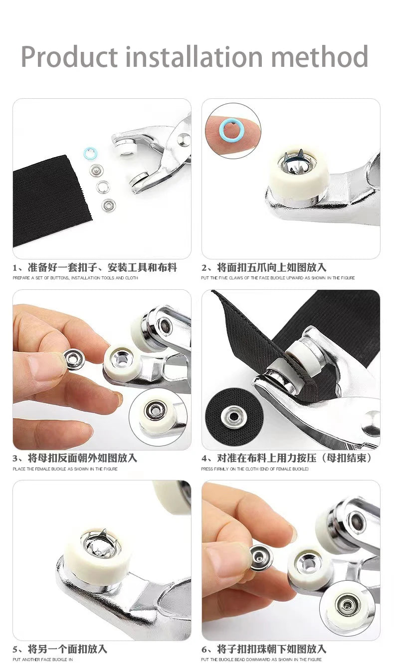 Instructions for installing a colorful metal sewing button kit, showing steps for putting the female buckle in and attaching 
