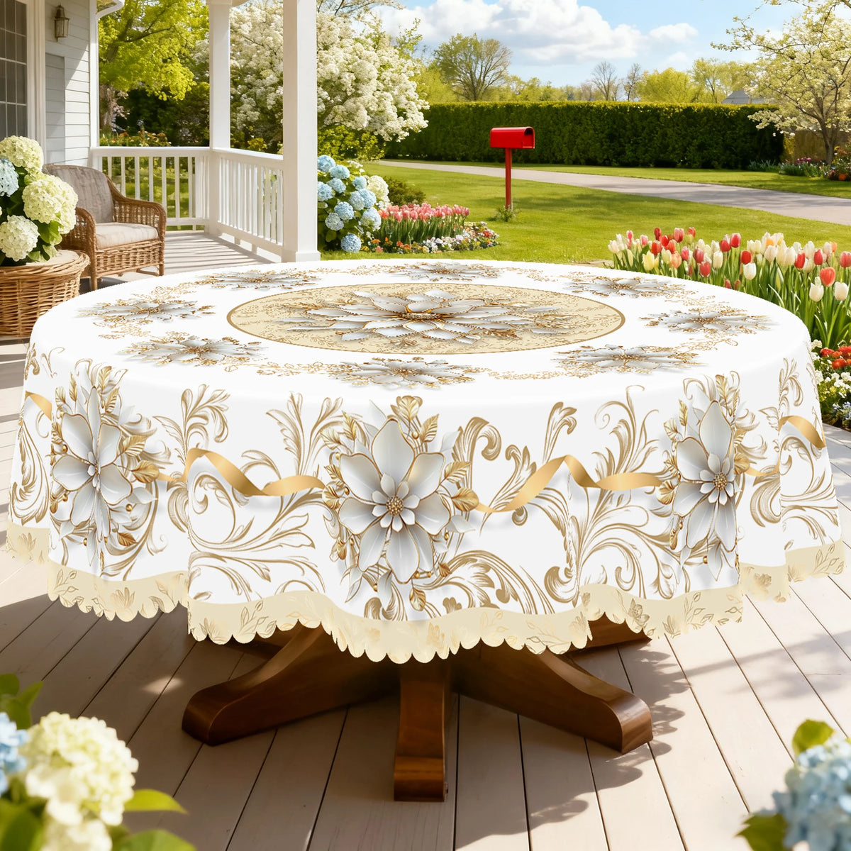 White vintage floral tablecloth displayed on a wooden table outdoors with greenery and white flowers in the background