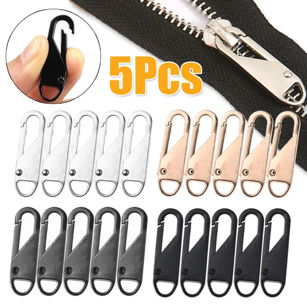 A set of 5 silver and 5 black zipper slider puller repair tools are shown for fixing zippers.