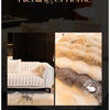 A close-up of a fluffy, light beige rabbit plush velvet sofa cover with a decorative gold trim and non-slip backing.