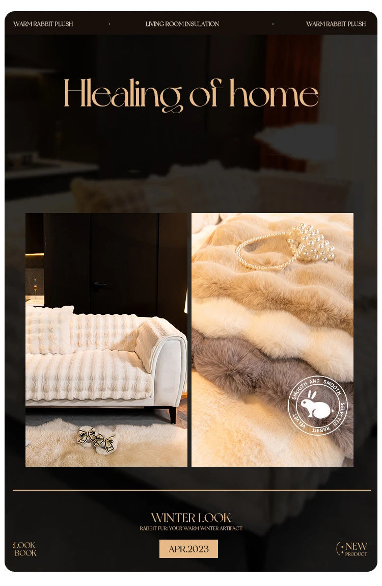 A close-up of a fluffy, light beige rabbit plush velvet sofa cover with a decorative gold trim and non-slip backing.
