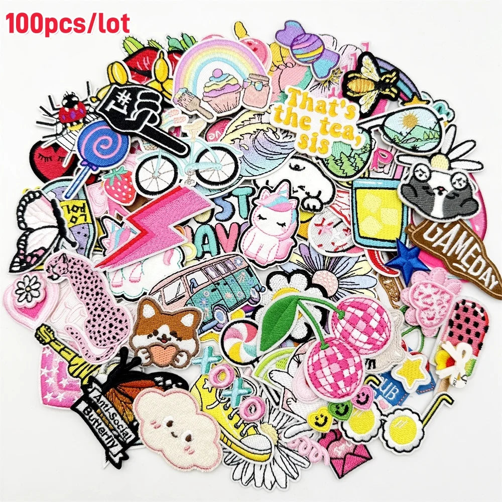 A collection of assorted cartoon embroidery patches featuring various cute and whimsical designs for DIY projects.