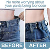 Before and after comparison showing how adjustable button pins tighten loose jeans