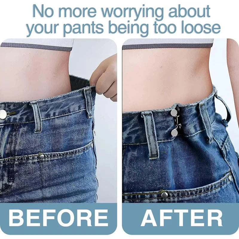 Before and after comparison showing how adjustable button pins tighten loose jeans