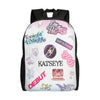 A pink and white canvas backpack featuring various text and graphic designs for a debut or performance.