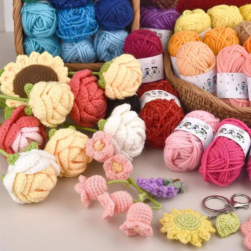 A collection of 12 colors of soft acrylic yarn in various shades including pink, yellow, green, and purple, displayed in skei