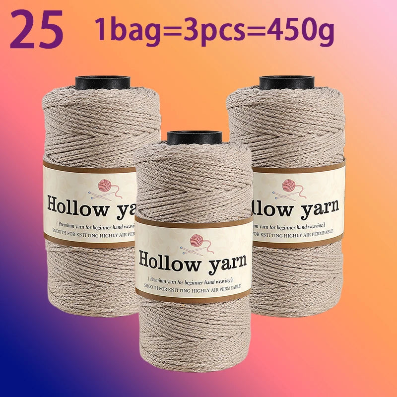 Three spools of Hollow yarn, each containing 25 skeins, totaling 450g for knitting and crochet.