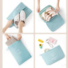 A set of nine portable mesh storage organizers in light blue and beige, shown in various usage contexts.