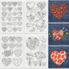A collection of pre-printed heart patterns for water soluble embroidery stabilizers in various line art and colored designs.