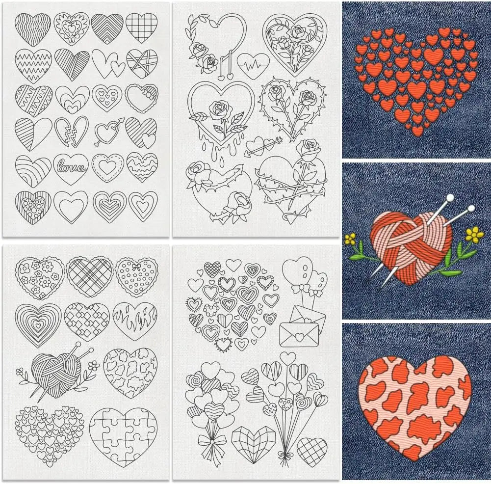 A collection of pre-printed heart patterns for water soluble embroidery stabilizers in various line art and colored designs.