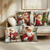 A set of two festive Christmas throw pillow covers featuring Santa Claus and a snowman on a snowy background.