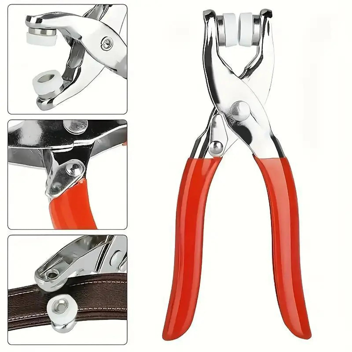 A pair of silver metal snap-button pliers with red handles and a leather strap shown alongside the press tool.