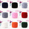 A grid showing various colors of chunky velvet knitting yarn in skeins, including navy blue, black, light grey, purple powder