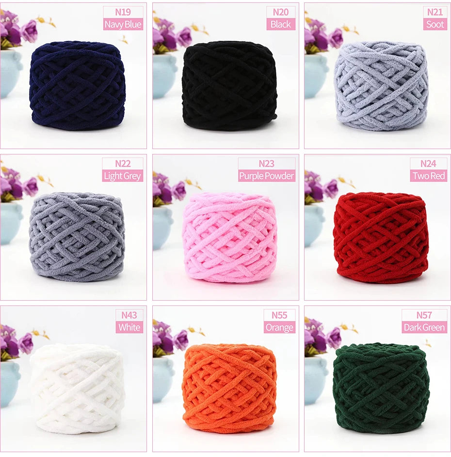 A grid showing various colors of chunky velvet knitting yarn in skeins, including navy blue, black, light grey, purple powder