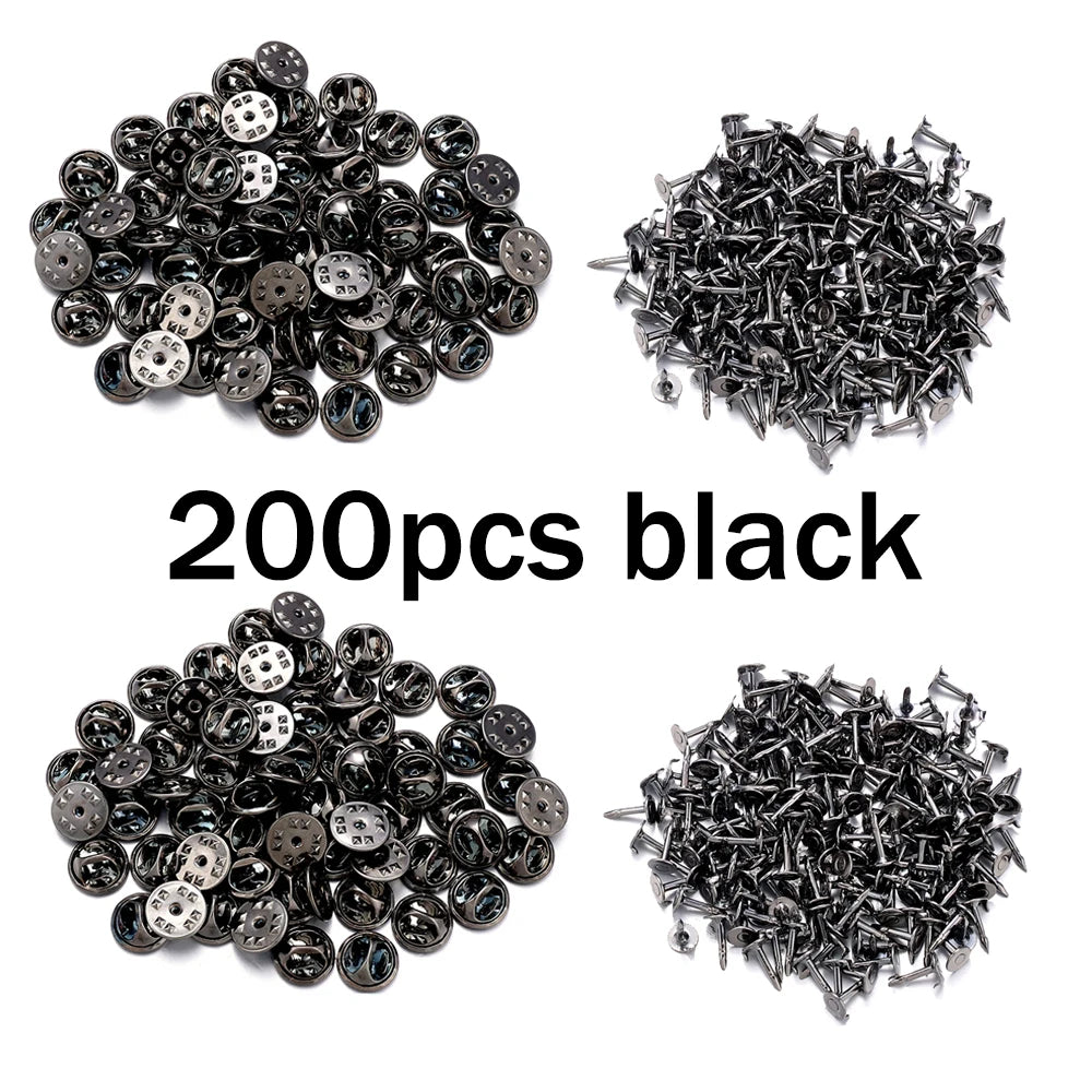 A collection of 200 black metal butterfly brooch clasps and tie tacks for jewelry making.