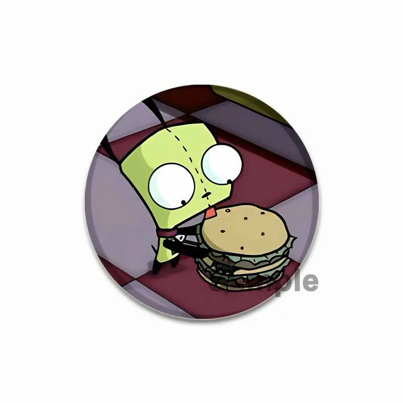 An enamel pin featuring a cartoon character resembling a lime green alien with large eyes and a hamburger.