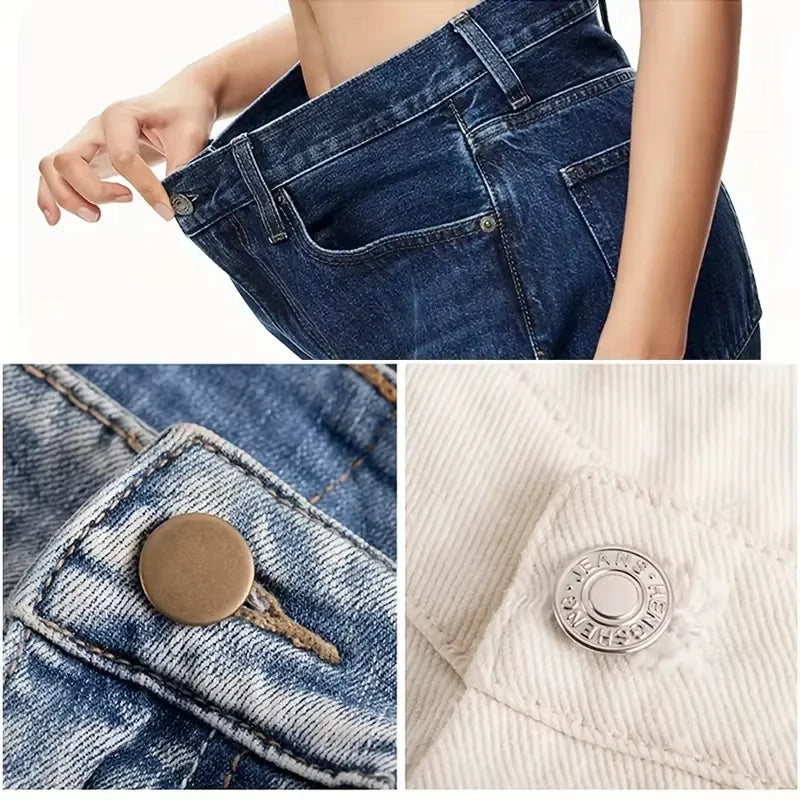 Close-up of adjustable metal snap buttons used to fasten denim jeans