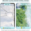 Before and after comparison showing how a film prevents glass from flying apart during natural disasters
