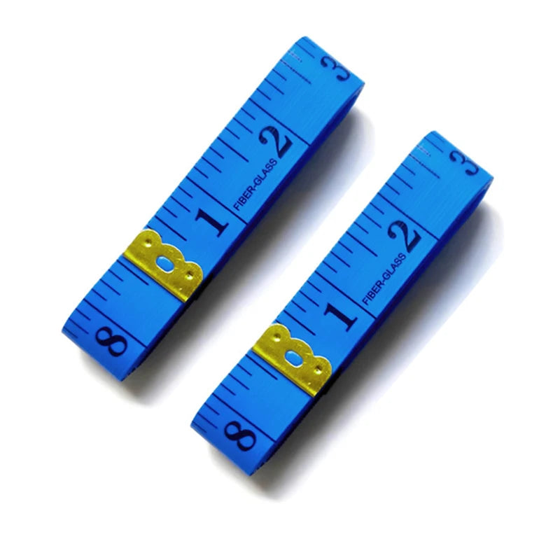 A set of two blue fiber-glass measuring tapes laid diagonally on a white surface.