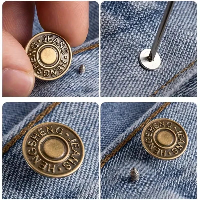 Close-up shots of gold-toned metal snap buttons for jeans attached to denim fabric.