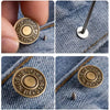 Close-up shots of gold-toned metal snap buttons for jeans attached to denim fabric.