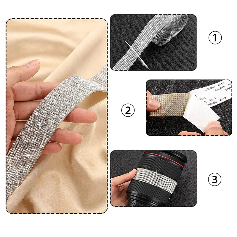 Three views of diamond rhinestone strips used for DIY decor, showing the material and application.