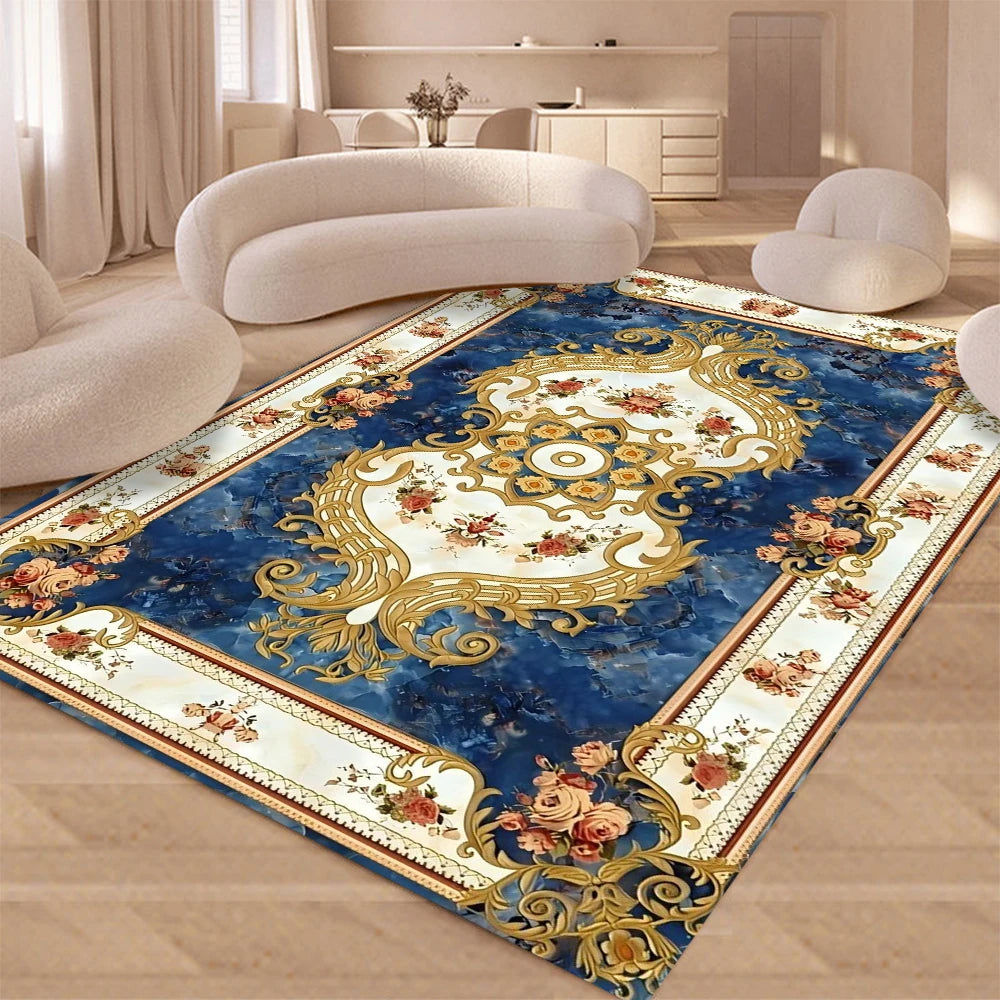 A blue and cream floral patterned rug in a living room setting with light-colored furniture.