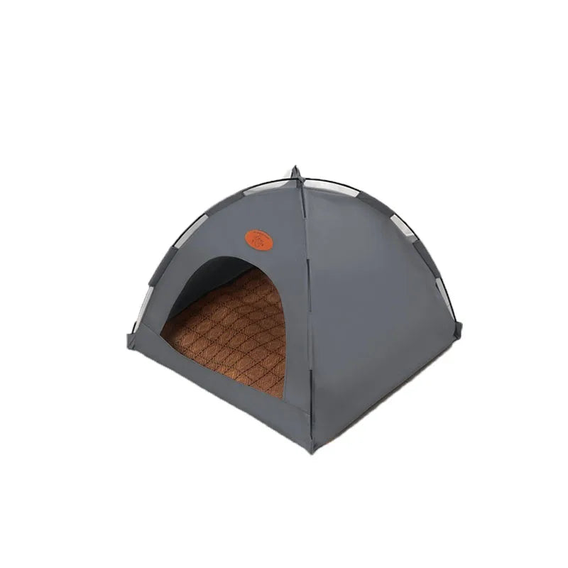 A gray pet teepee structure designed as a bed for cats and dogs.