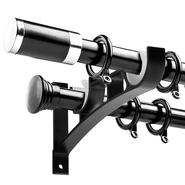 Black heavy duty double curtain rod brackets with threaded rods and mounting hardware