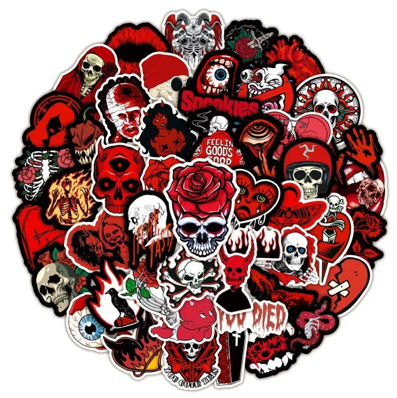 A collection of gothic skull stickers featuring various designs for notebooks and cups.