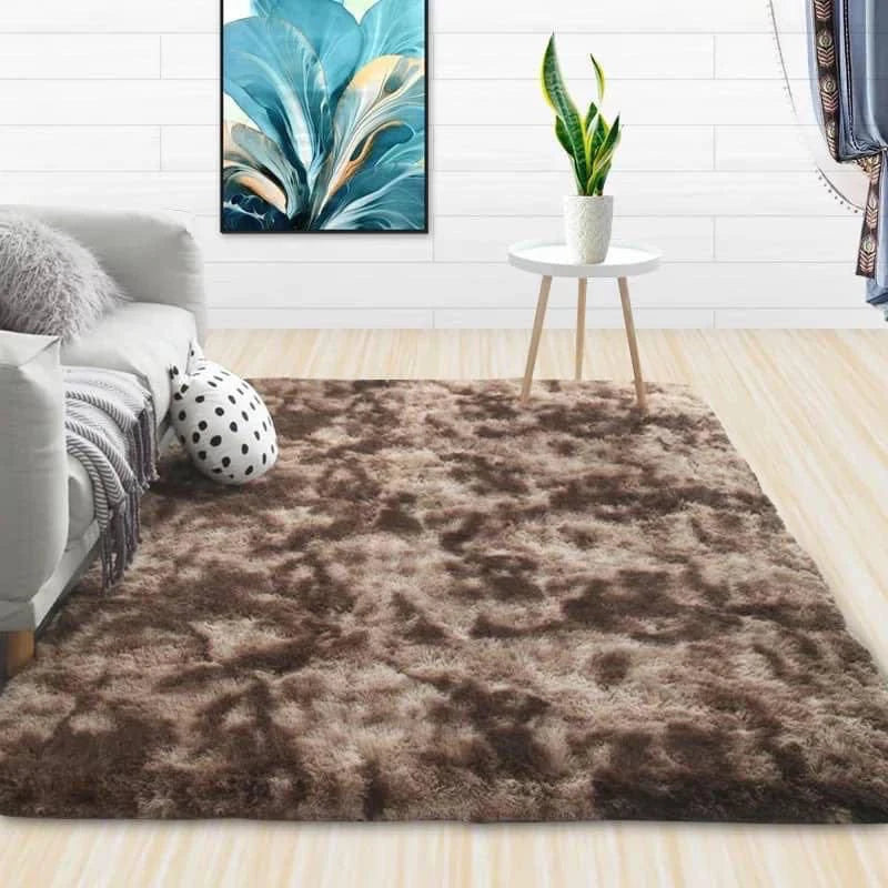 A luxurious brown velvet anti-slip floor mat placed on a light wooden floor with a white plant stand in the background.