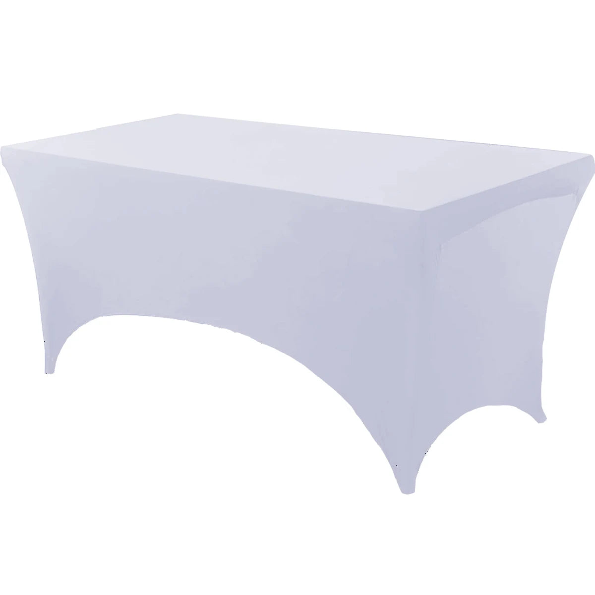 A white stretch tablecloth set for dining and event decor.