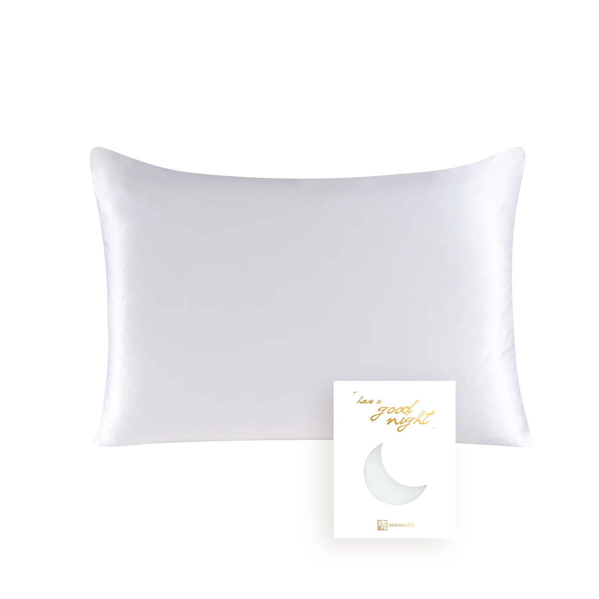 A white natural mulberry silk pillowcase with a crescent moon design.